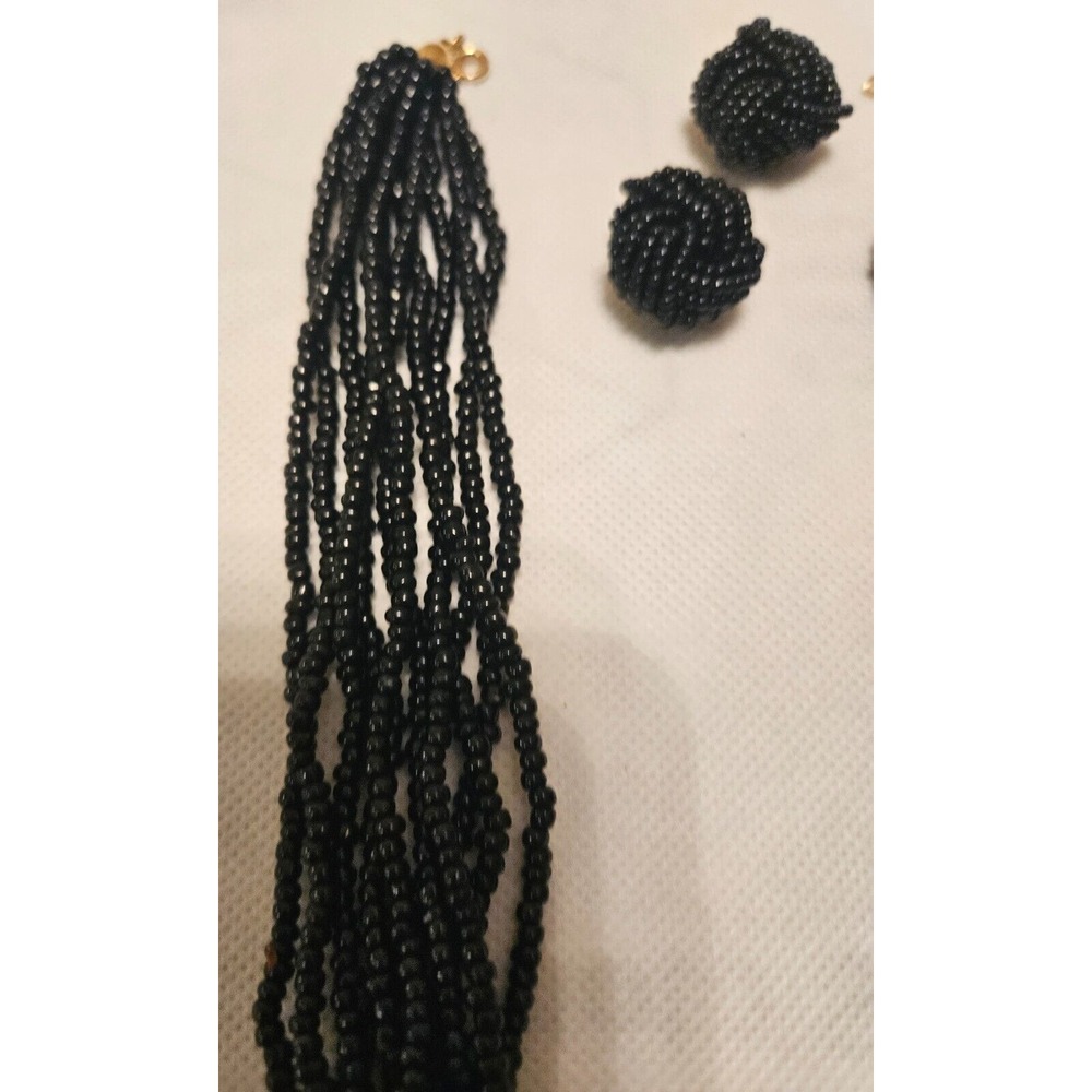 VINTAGE TRIFARI Beaded Necklace and Earrings Set - Black Seed Beads Jewelry Set - Picture 9 of 15